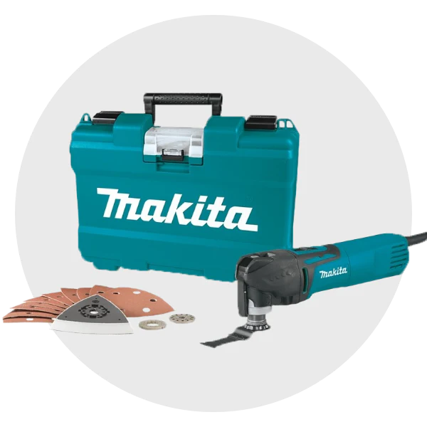 Makita oscillating multi-tool kit with sanding and cutting attachments, storage case, and accessories – professional power tool set for construction and remodeling