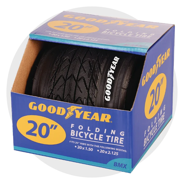 Goodyear 20-inch folding bicycle tire packaged in a blue and yellow box- bike tire for sporting goods supplies