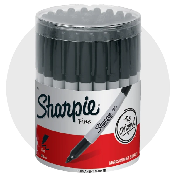 Pack of black Sharpie fine-point permanent markers in round plastic container – office and store supply for labeling and writing on most surfaces