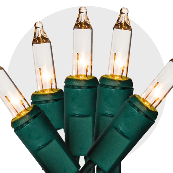 String of clear mini Christmas lights with green wiring – seasonal decorative lighting for holidays and indoor or outdoor displays