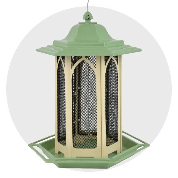 Decorative hanging bird feeder with green roof and beige metal frame – outdoor feeder for wild birds and backyard wildlife