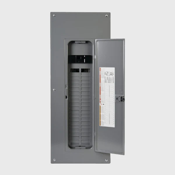 Gray metal electrical load center panel with open door