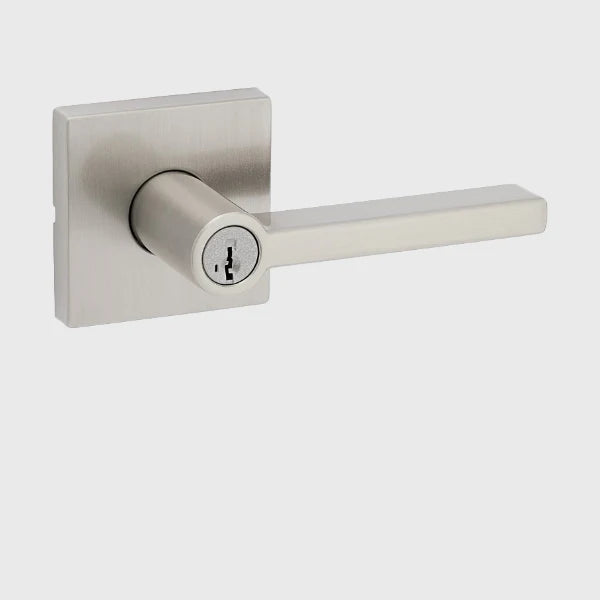 Satin nickel door lever lockset with square base plate