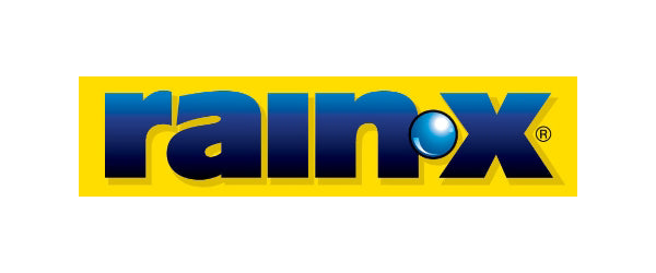 Rain-X logo featuring bold blue gradient text with a water droplet design over a yellow background