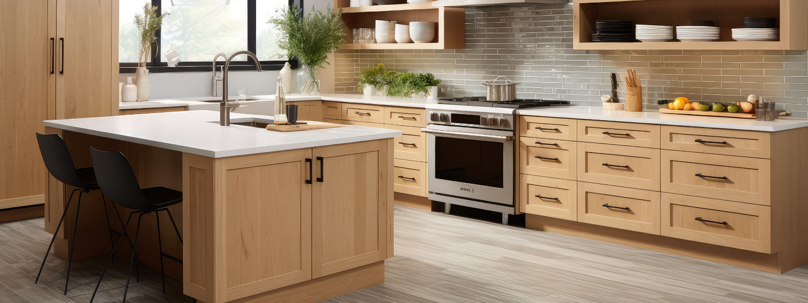 modern open concept kitchen with oak finish cupboards, quartz counter tops, subway tile backsplash, and stainless steel appliances