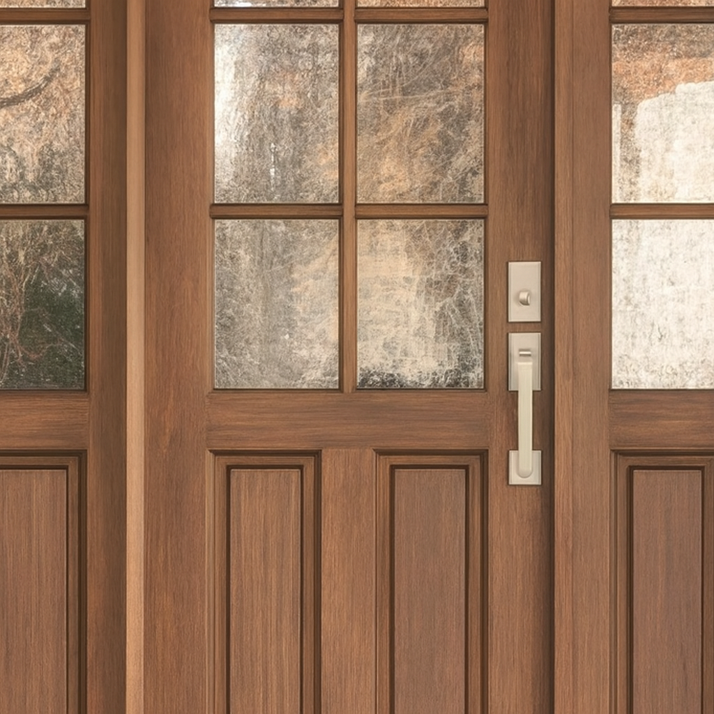 Wood front door with glass panels and brushed nickel handle set – classic entry door design for home improvement and hardware collection