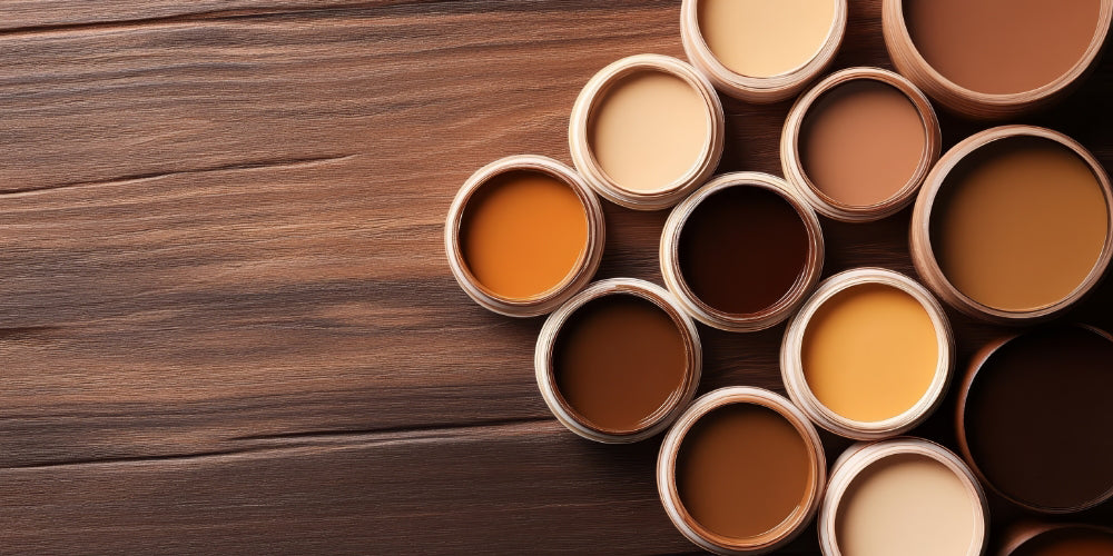 Open paint cans showing a variety of brown and beige stain colors on wood surface – interior paint and wood finish supplies