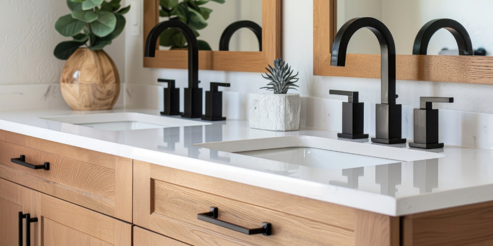 Modern bathroom vanity with light wood cabinets, white quartz countertop, and black matte faucets – stylish plumbing and hardware design for home renovation