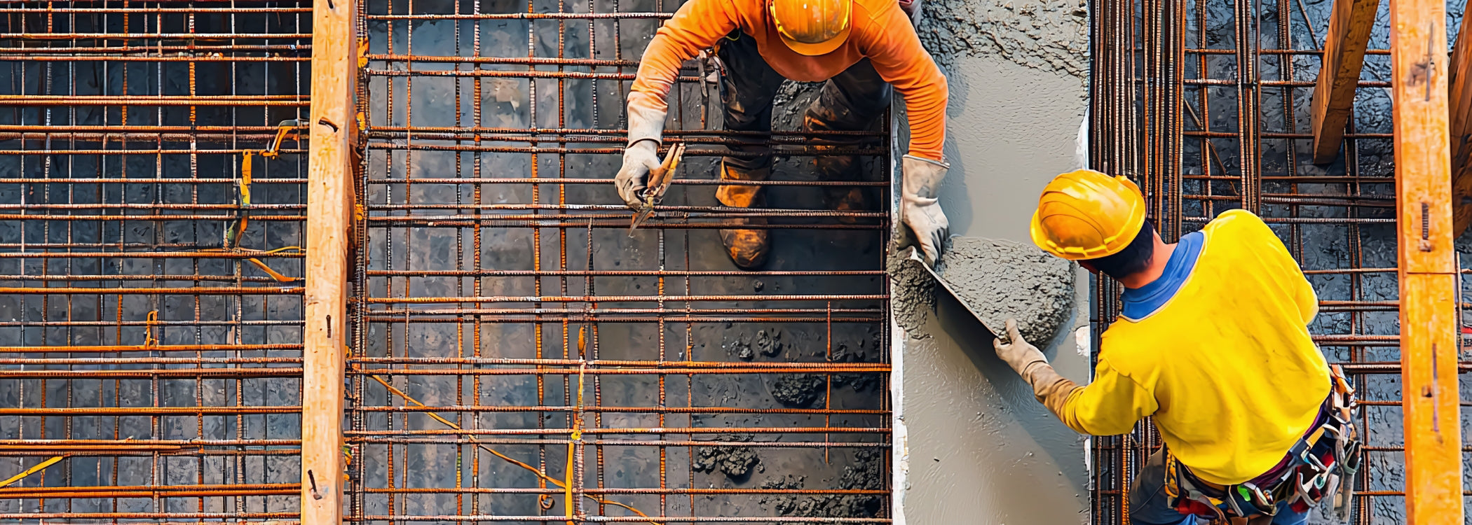 Construction workers pouring and leveling concrete with rebar framework – professional building and contractor supplies.
