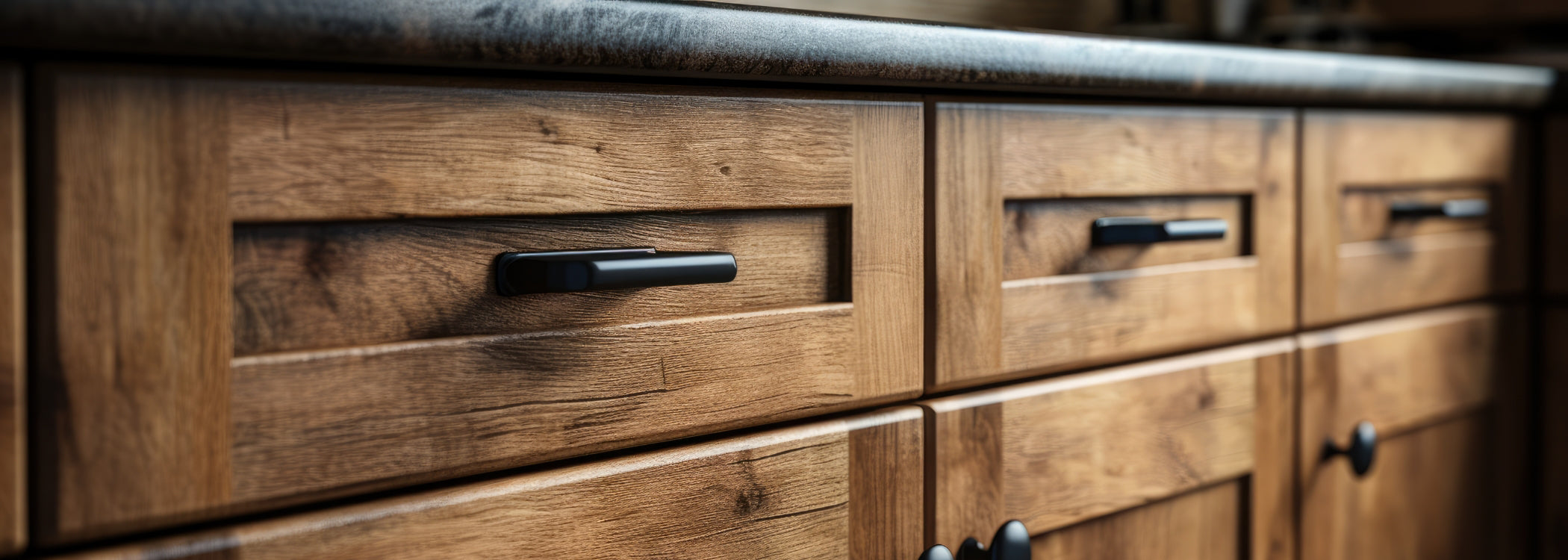 modern wood cupboards with drawers and black brushed hardware