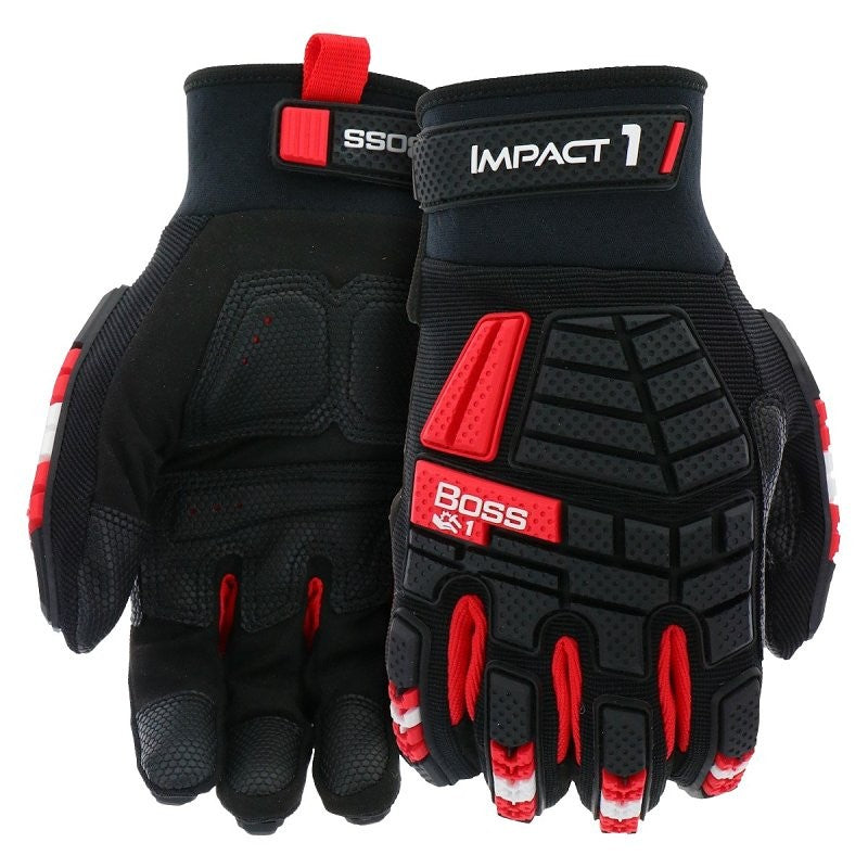 Boss Impact1 B52354-XL Work Gloves, Men's, XL, 8-3/8 to 8-3/4 in L, Reinforced Thumb, Hook and Loop, Slip-On Cuff, Black