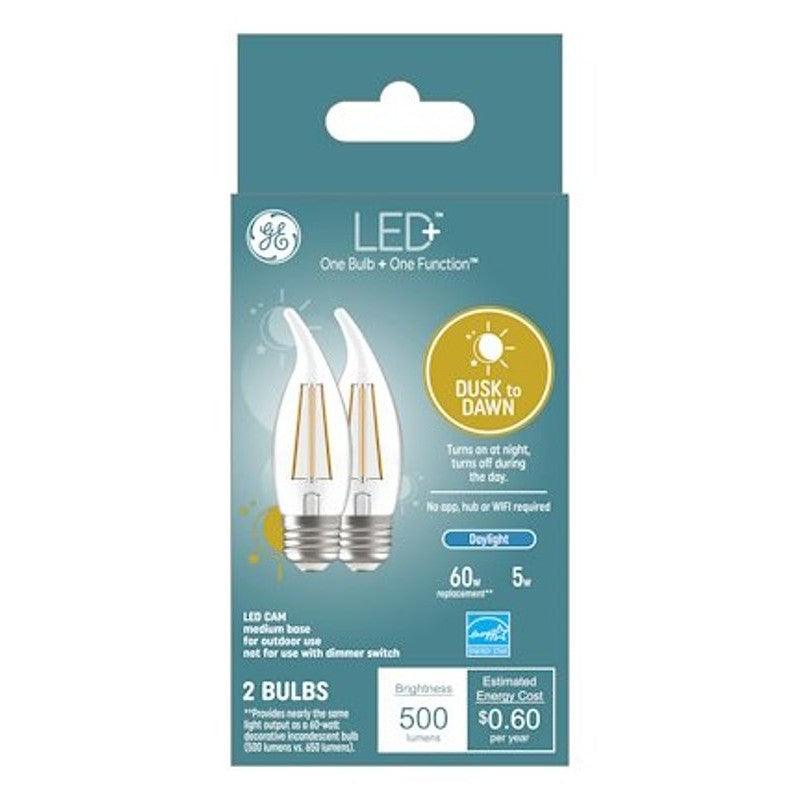 GE LED+ 93121494 Dusk To Dawn Light Bulb, 500 Lumens, 5 W, CAM Lamp, 60 W Equivalent, Medium (E26) Lamp Base, Dimmable