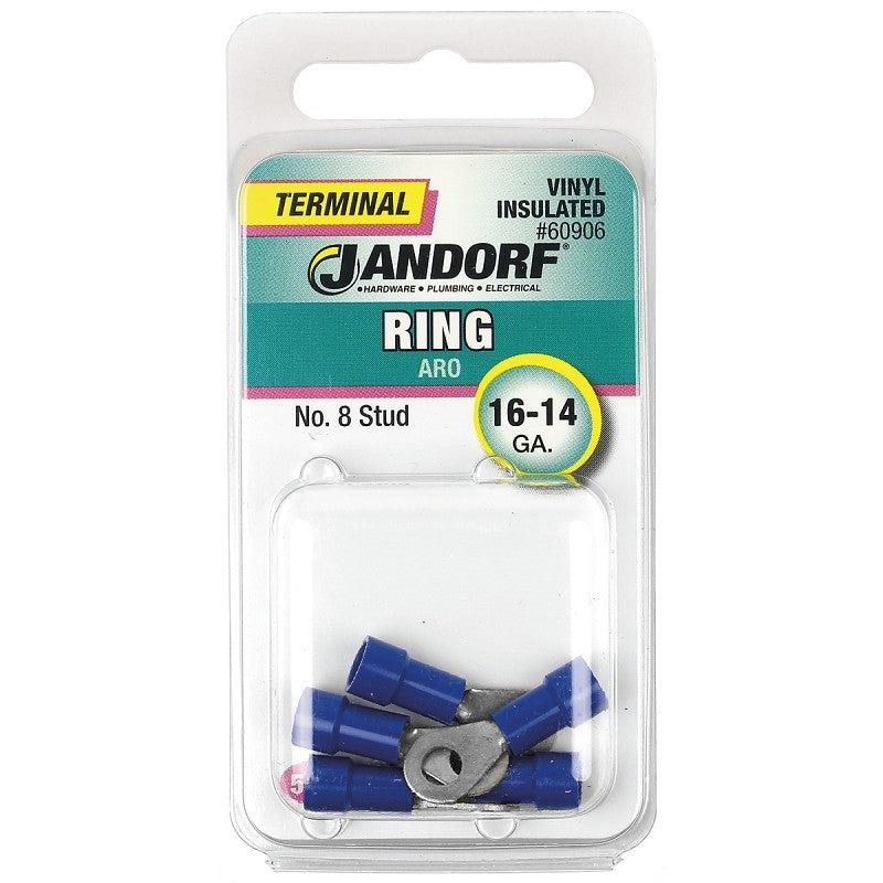 Jandorf 60906 Ring Terminal, 16 to 14 AWG Wire, #8 Stud, Vinyl Insulation, Copper Contact, Blue