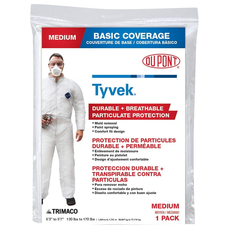 Trimaco 14121 Professional Painter's Coveralls, M, Zipper Closure, Tyvek, White