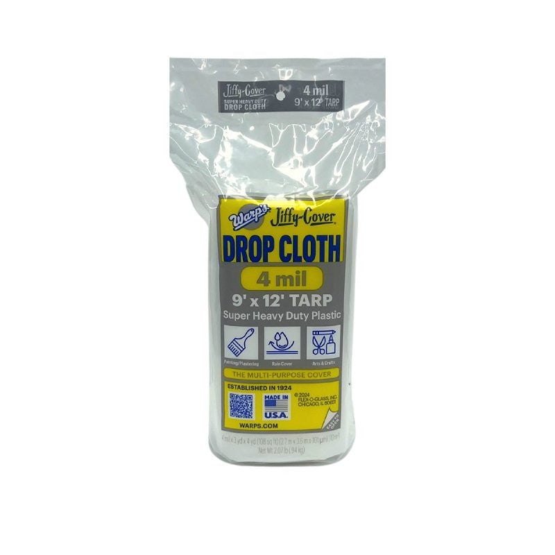 Warp's 4JC-912 Drop Cloth, 4 mil Thick, 12 ft L, 9 ft W, Plastic, Clear