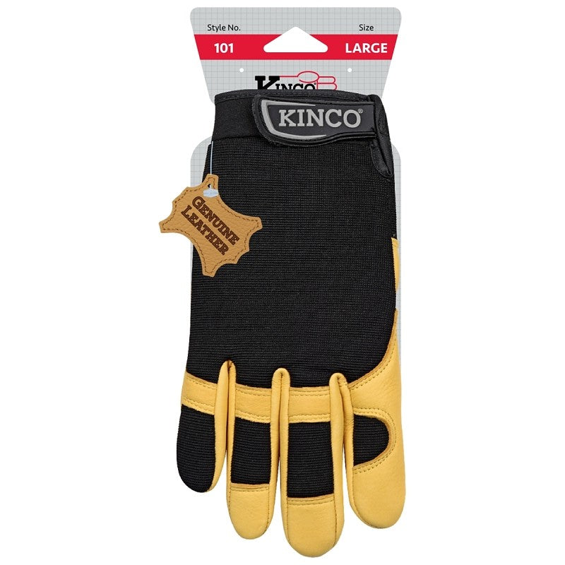 KincoPro 101-L Safety Gloves, L, Gold, Men's, Wing Thumb, Hook and Loop, Polyester/Spandex, Deerskin Leather Palm
