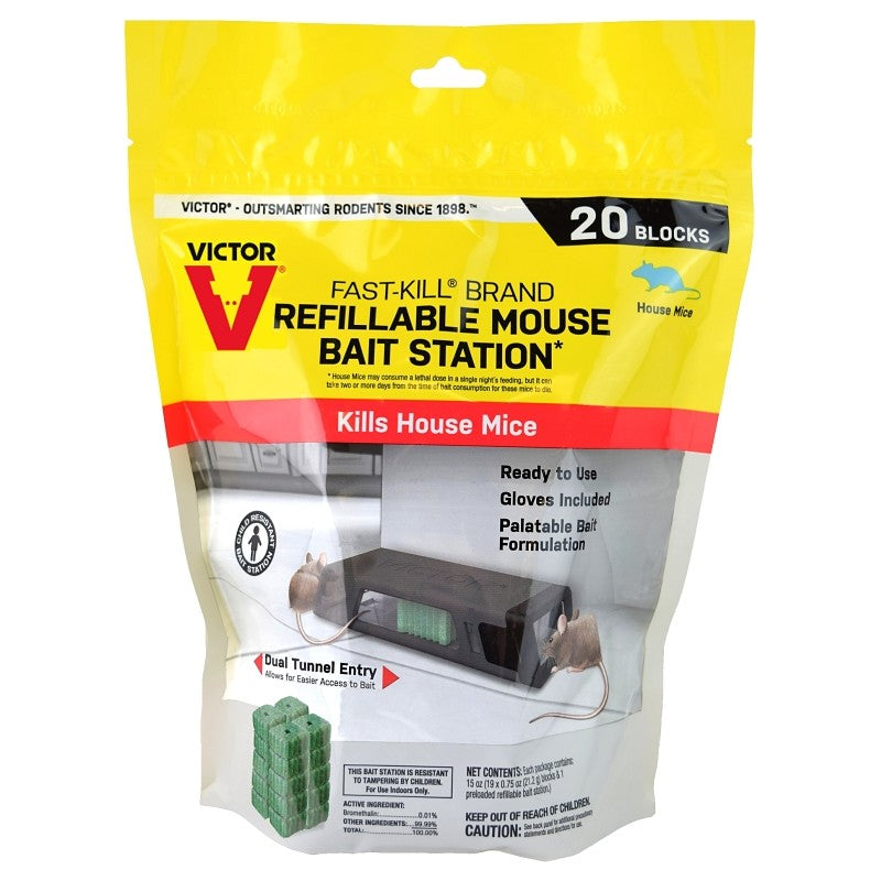 Victor M923 Mouse Bait Station, Includes: (19) Bait Block Refills, Disposable Gloves, 2-Opening, Plastic