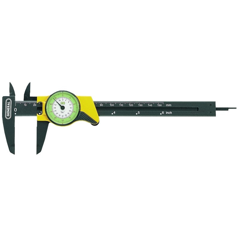 General 142 Dial Caliper, 0 to 6 in, SAE Graduation, 6 in Jaw, Analog Display, Plastic