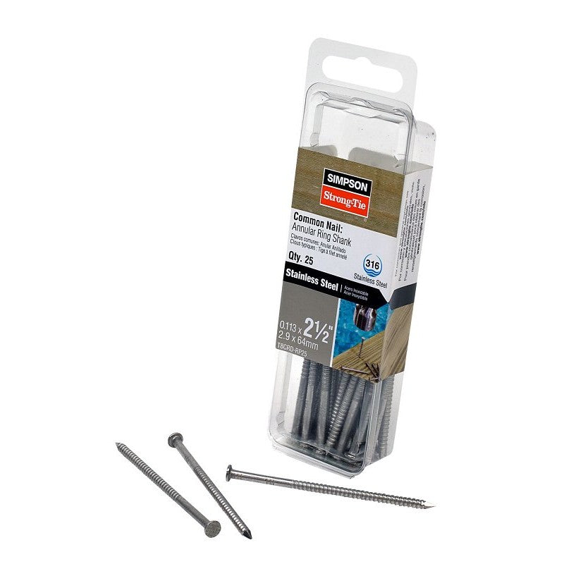 Simpson Strong-Tie T8CRD1 Deck Nail, 8d, 2-1/2 in L, Stainless Steel, Full Round Head, Annular Ring Shank