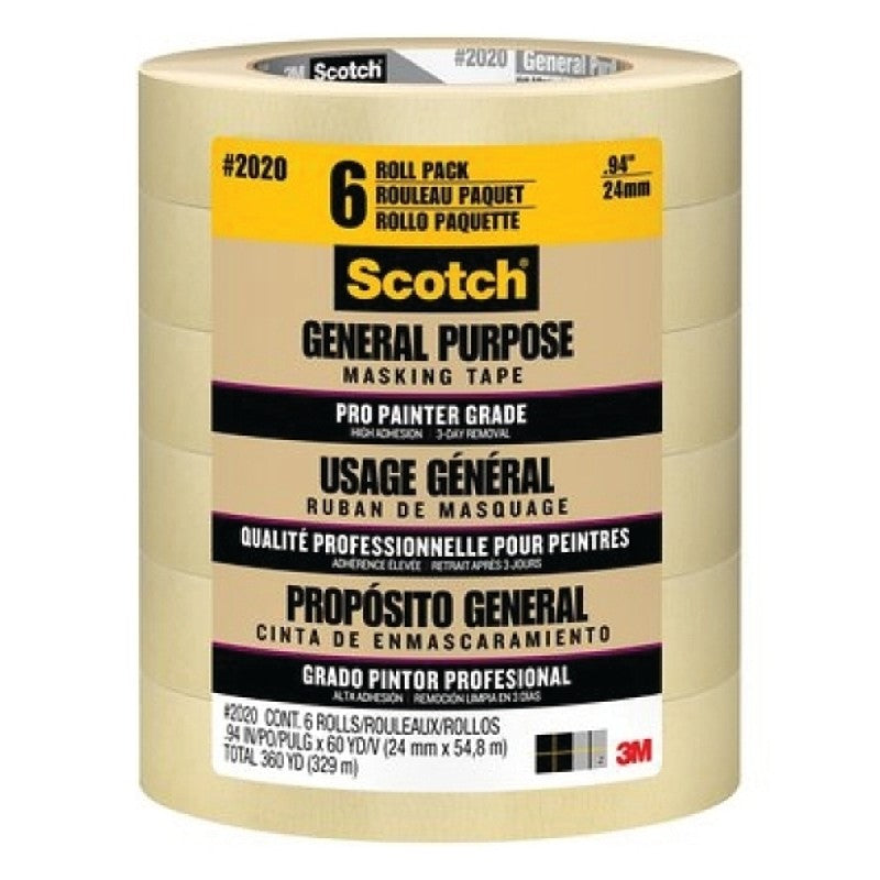 Scotch 2020-24ECP Masking Tape, 60 yd L, 0.94 in W, Crepe Paper Backing, Tan