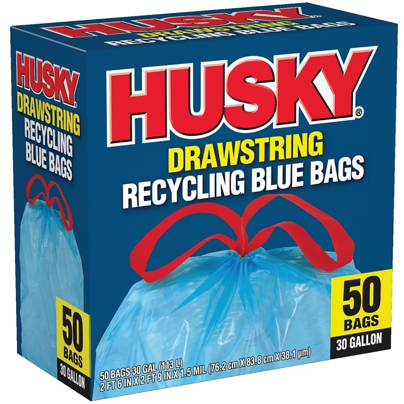 Husky HK30DS050BU Trash Bag with Drawstring, 30 gal Capacity, Blue