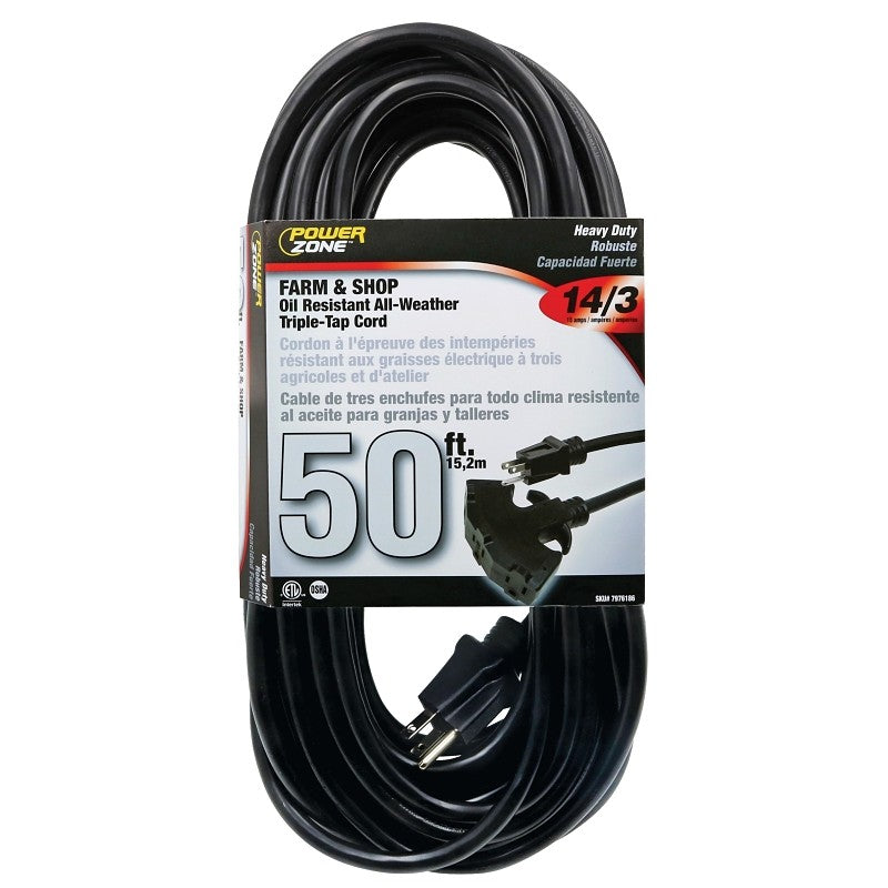 PowerZone OR632730 Extension Cord, 50 ft L, Black