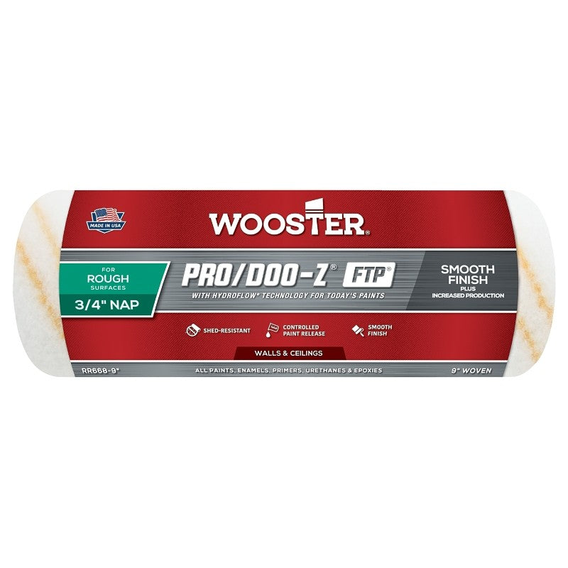 Wooster RR668-9 Roller Cover, White, 3/4 in Thick Nap, 9 in L, Fabric Cover