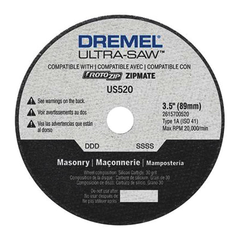 Dremel US520-01 Masonry Cutting Wheel, 3-1/2 in Dia, 0.094 in Thick, 7/16 in Arbor, 30 Grit, Silicone Carbide Abrasive (Pack of 4)