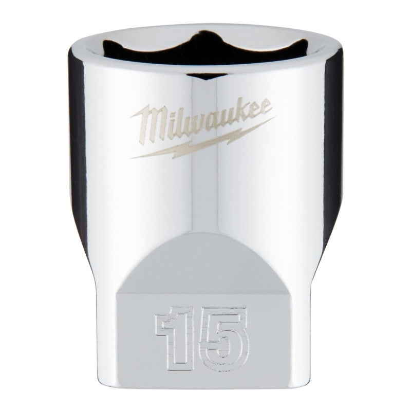 Milwaukee 45-34-9041 Socket, 15 mm Socket, Standard Socket, 4.921 in OAL, 1/4 in Drive, 6-Point, Chrome Vanadium Steel