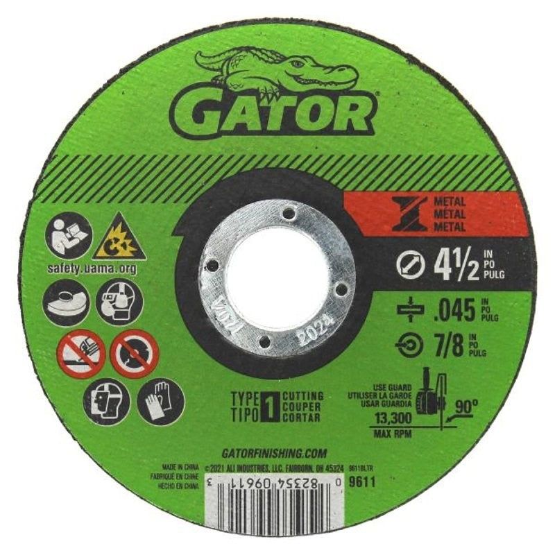 Gator 9611 Cut-Off Wheel, 4-1/2 in Dia, 0.045 in Thick, 7/8 in Arbor, Aluminum Oxide Abrasive