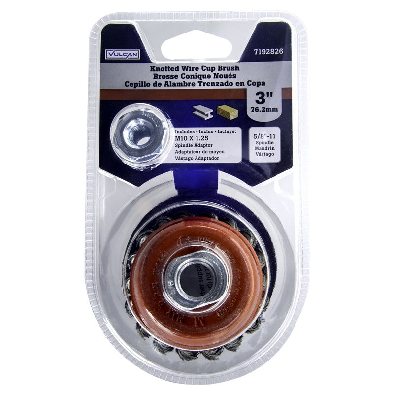 Vulcan 693881OR Wire Cup Brush, 3 in Dia, 5/8-11 Threaded Arbor, M10 x 1.25 in Arbor Adapter Arbor/Shank