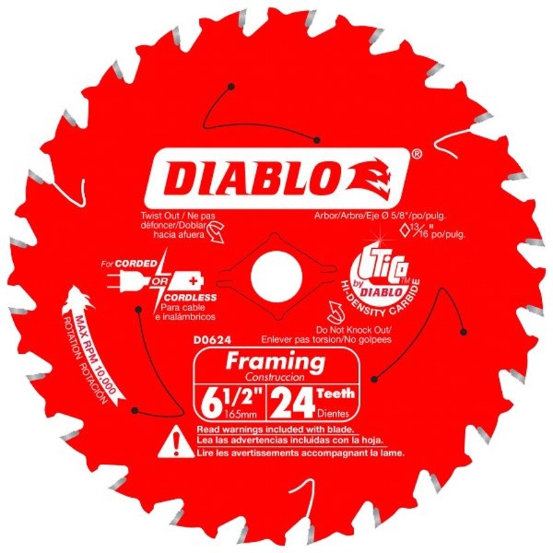 Diablo D0624A Framing Trim Saw Blade, 6-1/2 in Dia, 5/8 in Arbor, 24-Teeth, Carbide Cutting Edge (Pack of 10)