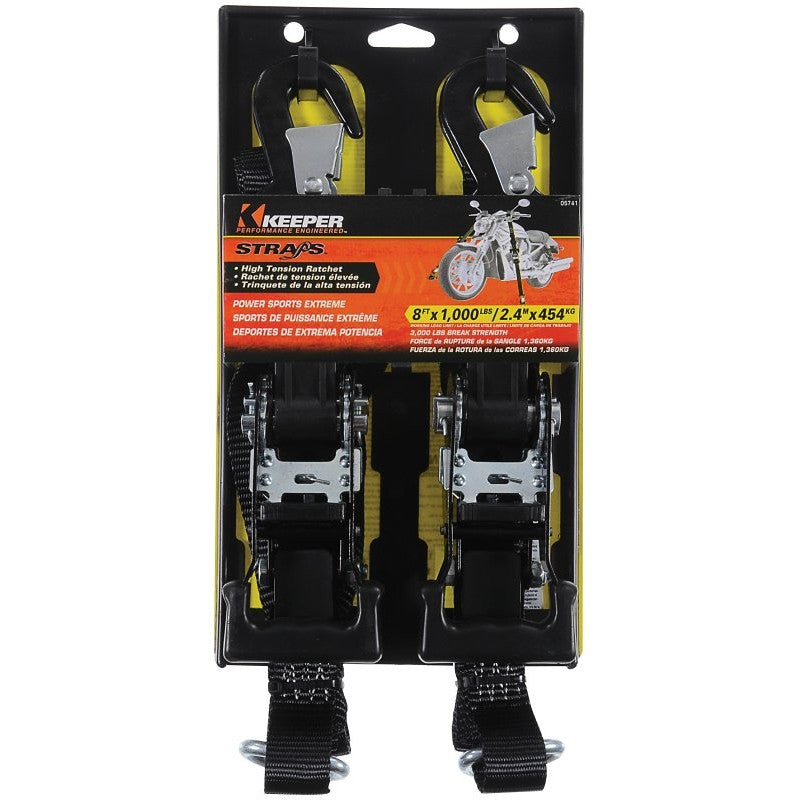 Keeper 05741 Tie-Down, 1-1/4 in W, 8 ft L, Polyester, Black, 1000 lb, Snap Hook End Fitting