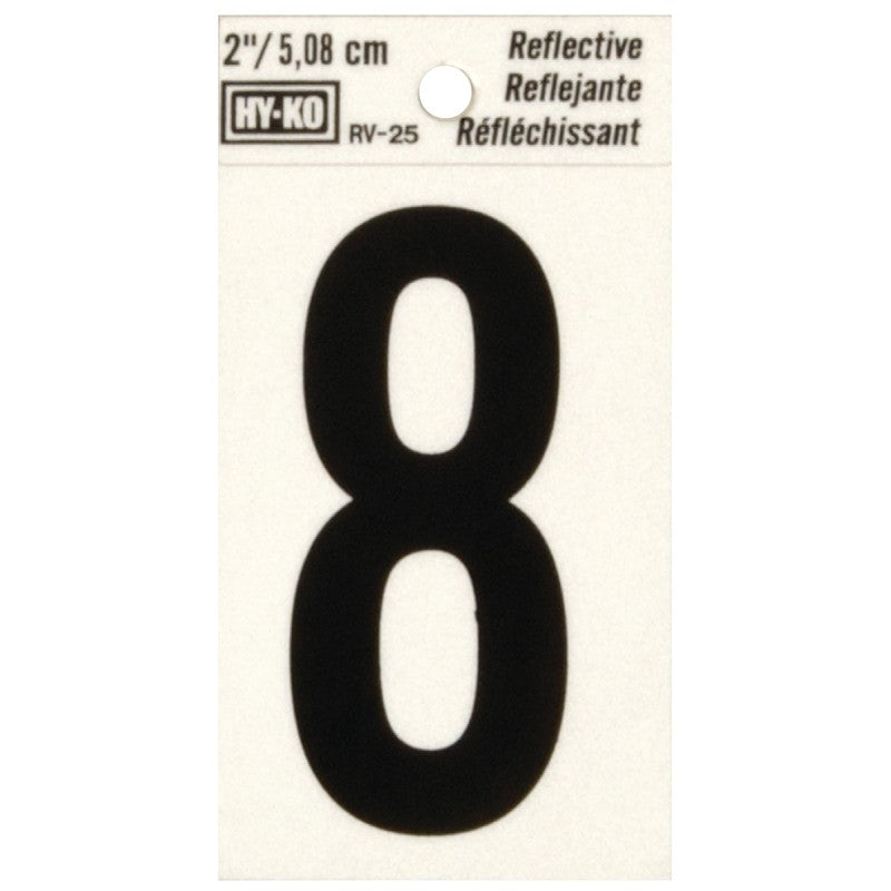 Hy-Ko RV-25/8 Reflective Sign, Character: 8, 2 in H Character, Black Character, Silver Background, Vinyl (Pack of 10)