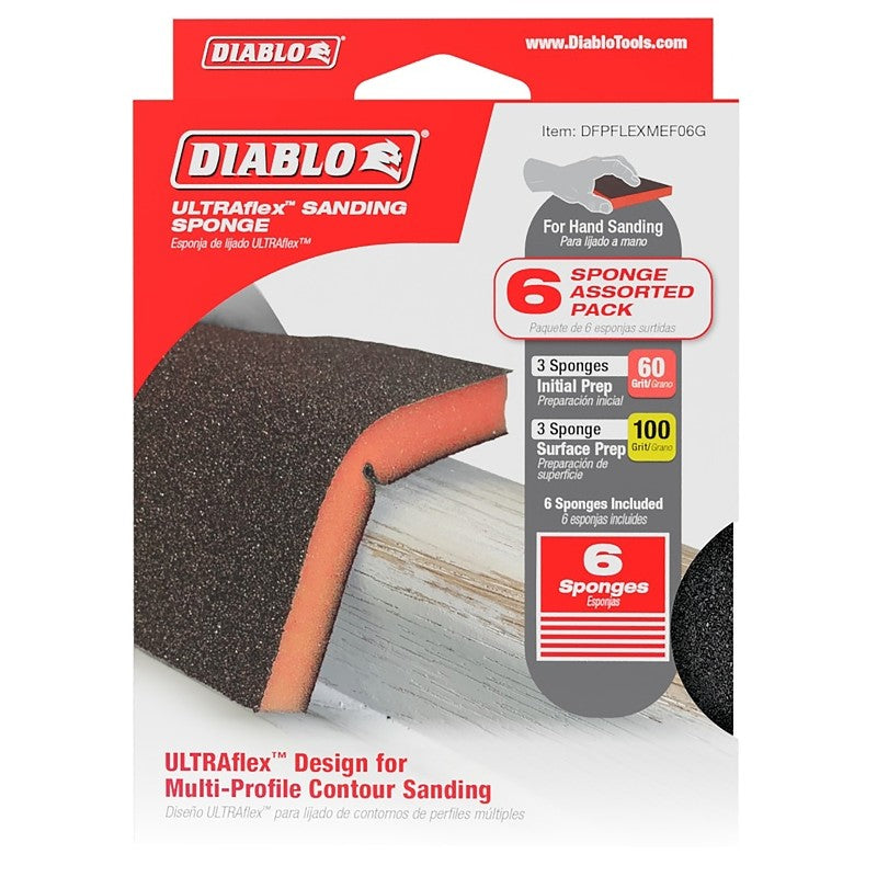 Diablo ULTRAflex DFPFLEXMEF06G Sanding Sponge Assorted Pack, 5 in L, 4 in W, 60, 100 Grit, Fine, Medium