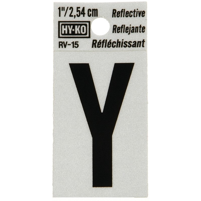 Hy-Ko RV-15/Y Reflective Letter, Character: Y, 1 in H Character, Black Character, Silver Background, Vinyl (Pack of 10)