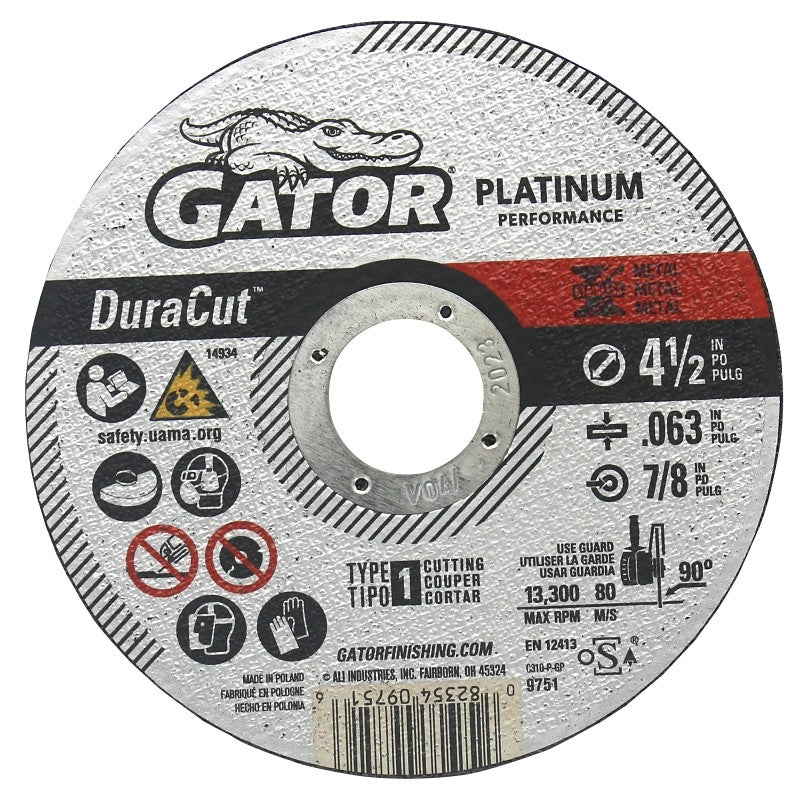 Gator 9751 Cut-Off Wheel, 4-1/2 in Dia, 0.063 Thick, Aluminum Oxide Abrasive, 7/8 in Arbor