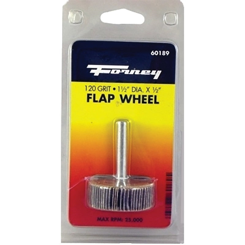 Forney 60189 Flap Wheel, 1-1/2 in Dia, 1/2 in Thick, 1/4 in Arbor, 120 Grit, Aluminum Oxide Abrasive