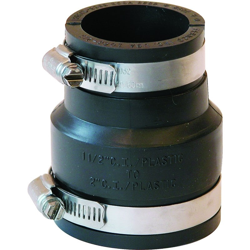 Fernco P1056-215 Flexible Coupling, 2 x 1-1/2 in, PVC, Black, 4.3 psi Pressure