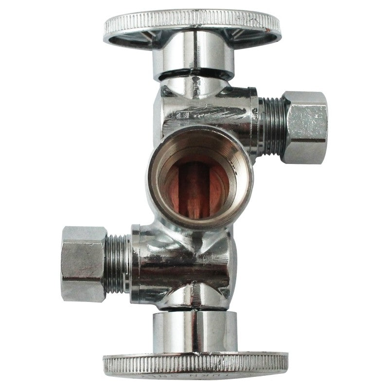Plumb Pak K2901DHLF Dual Shut-Off Valve, 1/2 x 3/8 x 3/8 in Connection, FIP x Compression, 250 psi Pressure, Brass Body