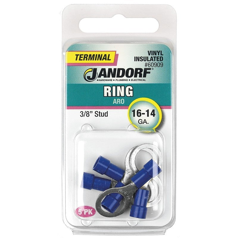 Jandorf 60909 Ring Terminal, 16 to 14 AWG Wire, 3/8 in Stud, Vinyl Insulation, Copper Contact, Blue