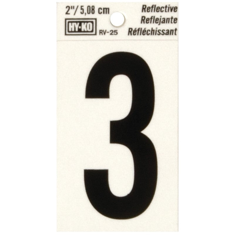 Hy-Ko RV-25/3 Reflective Sign, Character: 3, 2 in H Character, Black Character, Silver Background, Vinyl (Pack of 10)