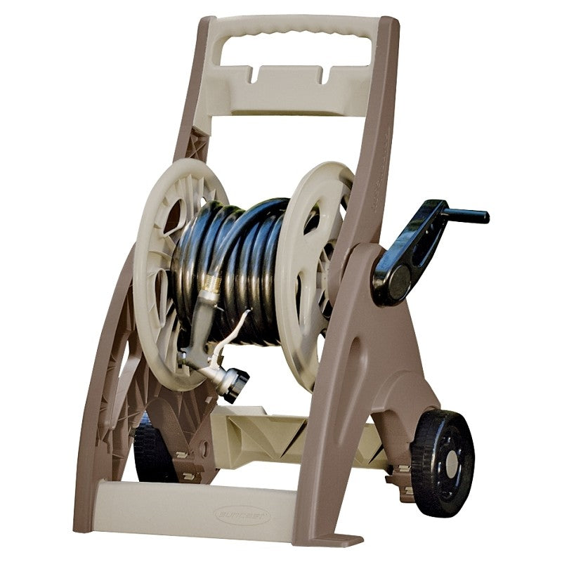 Suncast JNF175B Hose Reel Cart, 5/8 in Hose, 175 ft of 5/8 in Hose, Crank Handle, Vinyl, Light Taupe/Mocha Color