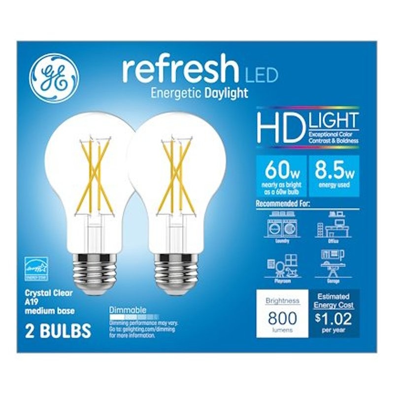 GE 93129022 LED Bulb, General-Purpose, A19 Lamp, 60 W Equivalent, E24/E26 Medium Lamp Base, Dimmable, DayLight