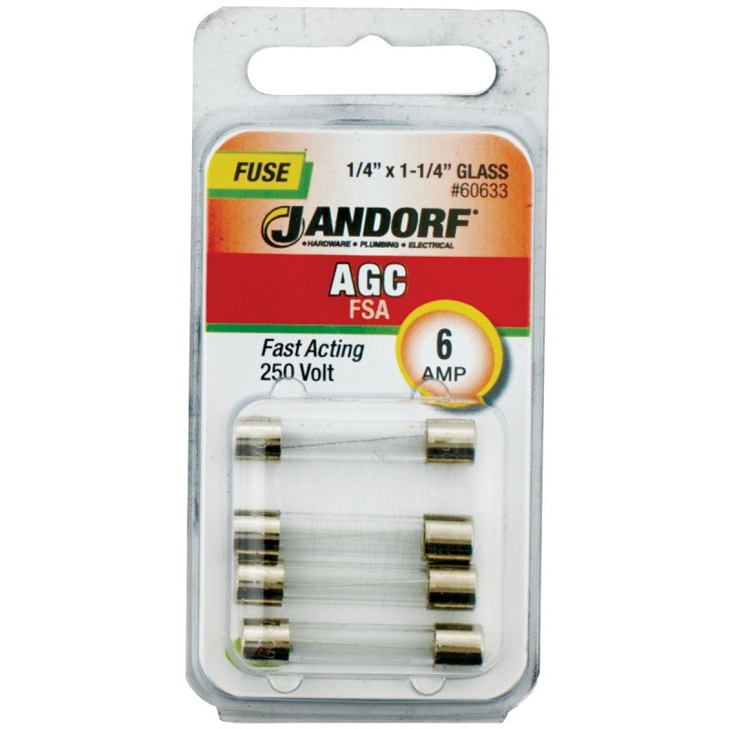 Jandorf 60633 Fast Acting Fuse, 6 A, 250 V, 200 A, 10 kA Interrupt, Glass Body