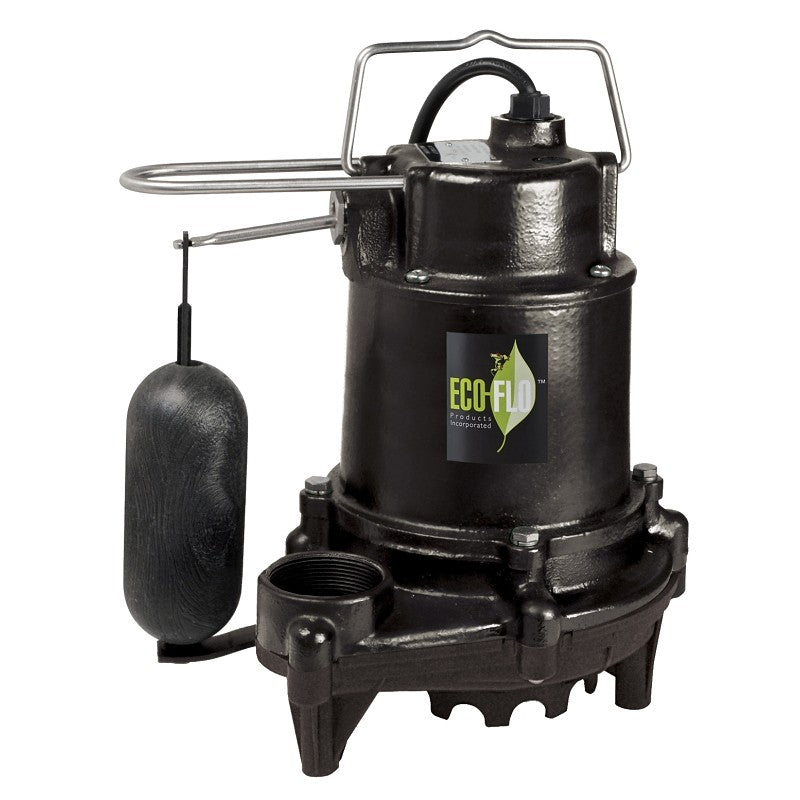 Eco-Flo EFSA33 Sump Pump, 6.5 A, 115 V, 1/3 hp, 1-1/2 in Outlet, 20 ft Max Head, 3160 gph, Cast Iron/Thermoplastic