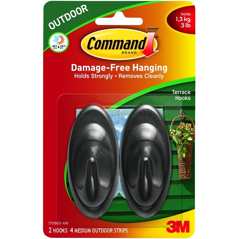 Command 17086S-AW Terrace Hook, 3-1/4 in L x 1-1/2 in W x 1-1/4 in H Dimensions, 3 lb, 2-Hook, Plastic, Slate