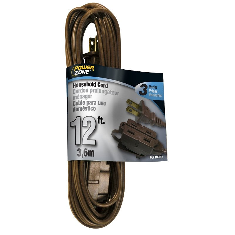 PowerZone OR670612 Extension Cord, 16 AWG Cable, 12 ft L, 125 V, Brown
