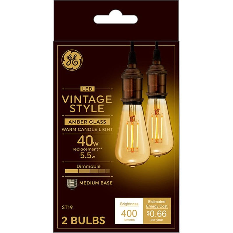 GE 42194 Light Bulb, Vintage, ST19 Lamp, 40 W Equivalent, Medium (E26) Lamp Base, Dimmable, Amber, Warm White Light