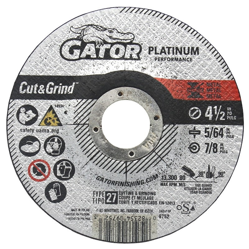 Gator 9752 Cut-Off Wheel, 4-1/2 in Dia, 5/64 in Thick, Aluminum Oxide Abrasive, 7/8 in Arbor